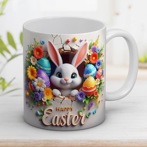 Vrolijk Pasen 3D schattig konijntje mokomslag, konijntje mokomslag sublimatieontwerp, paasmokontwerp, moksjabloon van 11 en 15 oz, stripfiguur, mok png PNGEgg