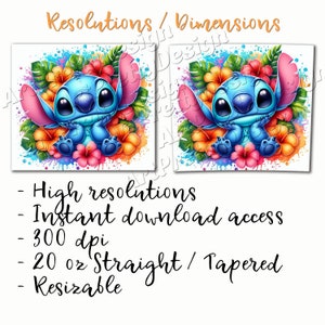May include: A digital design featuring a blue cartoon character surrounded by colorful flowers and tropical leaves. The image includes the text "Resolutions / Dimensions" and details about the design, such as "High resolutions" and "20 oz Straight / Tapered".