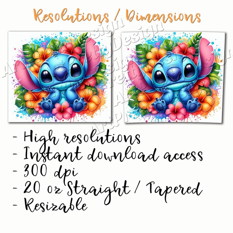 May include: A digital design featuring a blue cartoon character surrounded by colorful flowers and tropical leaves. The image includes the text "Resolutions / Dimensions" and details about the design, such as "High resolutions" and "20 oz Straight / Tapered".