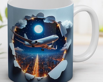 3D Airplane Mug Wrap: Night City Coffee Mug Sublimation Design (Digital PNG)