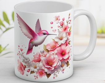 Hummingbird Floral Mug Wrap: 11oz/15oz Sublimation Design (Digital Download)