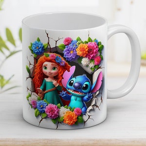 3D Funny kids Stitch and Merida Mug Wrap 11oz and 15oz, 3D Cartoon character png, Cartoon sublimation, Digital art, Digital download PNG