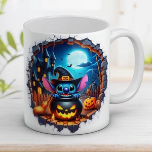 Halloween Stitch Mug Wrap 11oz en 15oz, 3D-gat in de muur, Happy Halloween, Griezelig seizoen, 3D-stripfiguur png, direct digitaal png