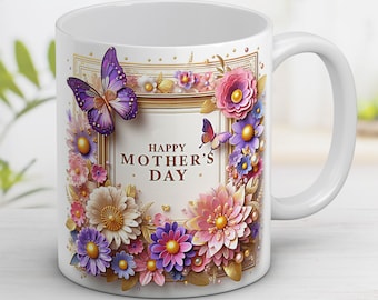 Floral Mother's Day Mug Design: 3D Flowers, Square Frame (Digital Download)