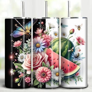 Watermelon Floral Tumbler Wrap: 20oz Skinny Sublimation Design (PNG Digital Download)