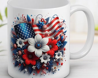 Amerikanische Flagge Floral Tasse Wrap: Vatertrotischen 4. Juli Design (Digitaler Download)