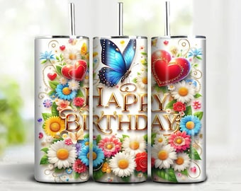 Happy Birthday Tumbler Design: Floral Butterfly 20oz Wrap (Digital Download)
