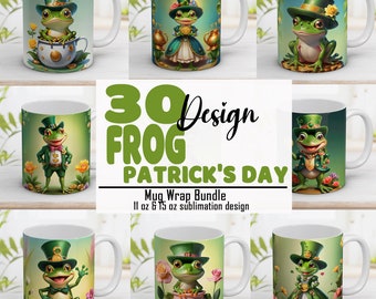 Cute Frog with Happy Patrick's Day Bundle Mug Wrap Kawaii Frog gift 11oz & 15oz Mug Design Sublimation Design  Template Instant Digital PNG