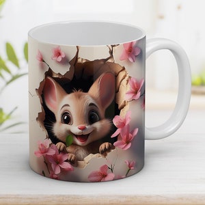 3D Cute Mouse Mug Wrap with 3D Flowers, 11oz and 15oz Mug Design, Mug Sublimation Design, Mug Wrap Template, Instant Digital Download PNG