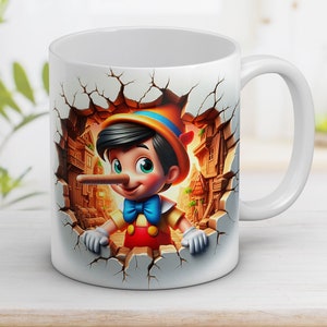 3D Funny Pinocchio Mug Wrap 11oz and 15oz, 3D Cartoon character png, Cartoon sublimation, Digital art, Cartoon Design, Digital download PNG