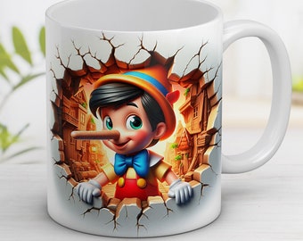 3D Funny Pinocchio Mug Wrap: Cartoon Sublimation (Digital Download PNG)