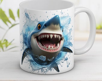 3D Cute Shark Mug Wrap with 3D Flowers, 11oz and 15oz Mug Design, Mug Sublimation Design, Mug Wrap Template, Instant Digital Download PNG