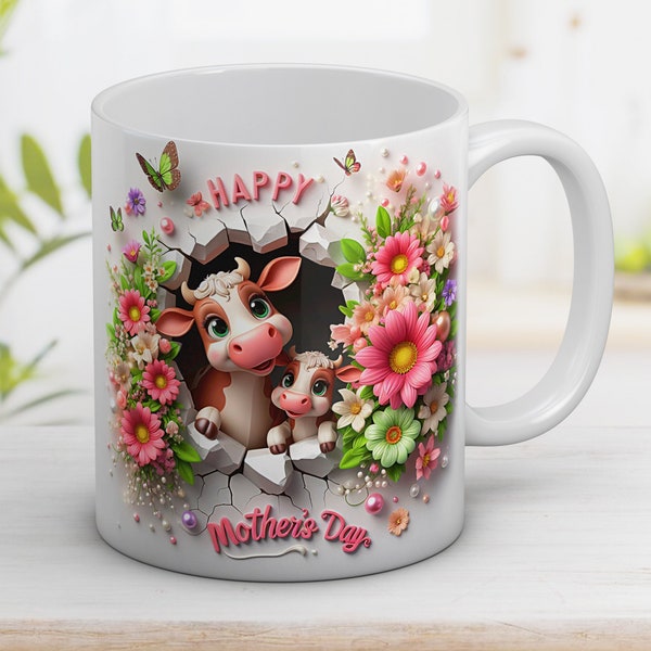 3D Happy Mother's Day with Cow and Flowers Mother's day gift 11oz 15oz Mug Design Sublimation Wrap Template Instant Digital Download PNG