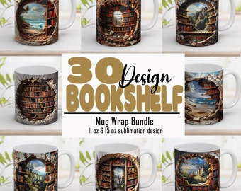 3D Bookshelf Mug Wrap Bundle: 11oz & 15oz Coffee Mug PNG (Digital Download)