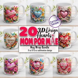 3D Heart Mom por Mãe Mug Wrap Bundle 11 and 15 Oz Happy Mother's Day with Design Sublimation Mug Templater Instant Digital Download PNG zdjęcie 1