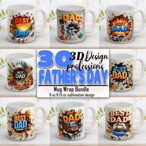 Paquete de tazas 3D "Mejor papá, profesiones", 11 y 15 oz, diseño 3D con agujero en la pared, feliz día del padre, sublimación, descarga digital instantánea PNG