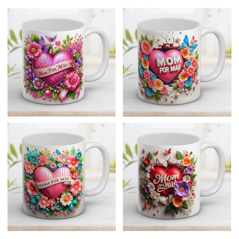 3D Heart Mom por Mãe Mug Wrap Bundle 11 and 15 Oz Happy Mother's Day with Design Sublimation Mug Templater Instant Digital Download PNG zdjęcie 3