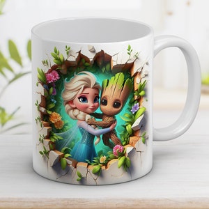 3D Funny kids Groot and Elsa Mug Wrap 11oz and 15oz, 3D Cartoon character png, Cartoon sublimation, Digital art, Digital download PNG