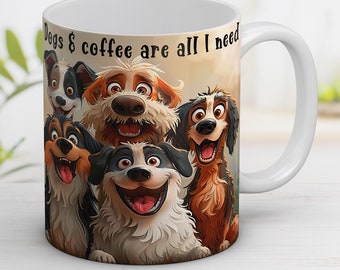 Собаки и кофе - все, что мне нужно png Кружка Crazy Dog Обертка для кружки Любители собак Дизайн сублимации Кружка PNG Дизайн шаблона кофейной кружки 11 унций и 15 унций