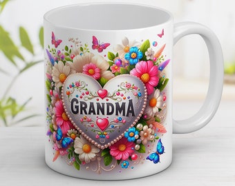 3D Grandma Heart with Flowers Mother&#39;s day gift Mug Wrap 11oz and 15oz Mug Design Sublimation Wrap Template Instant Digital Download PNG