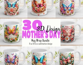 Mother's Day Mug Wrap: 3D Butterfly & Pearl Design (Digital Download)