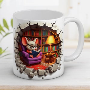 3D Mouse read book  Mug Wrap 11oz and 15o, 3D Hole in a wall, gift for a lover of reading, Coffee Mug, Sublimation Design, Instant Digital