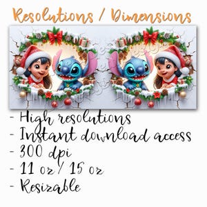 K&ouml;nnte beinhalten: Digitaler Kunstdruck mit Stitch und Lilo in Weihnachtskleidung, umrahmt von festlichen Kr&auml;nzen mit Dekorationen. Der Text oben lautet "Resolutions / Dimensions". Zus&auml;tzlicher Text enth&auml;lt "High resolutions" und "Instant download access". Das Bild enth&auml;lt 11 oz / 15 oz.