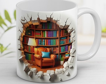 Bookshelf Mug Wrap: 3D Hole in the Wall Design (Digital PNG)
