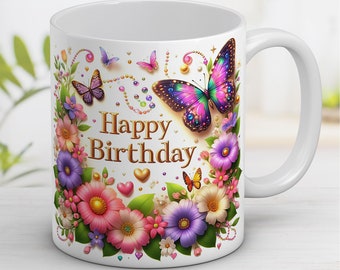 3D Floral Happy Birthday Mug Wrap: Sublimation Template (Digital Download)