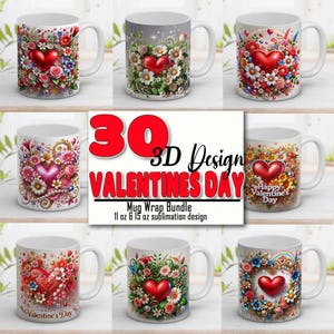 3D Valentines Day Mug Wrap Bundle 11 & 15 Oz, Hearts with flowers png, Gift, Design Sublimation, Mug Template, Instant Digital Download PNG