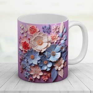 3D Flowers Mug Wrap 11oz and 15oz Mug Design Mug Sublimation Design Mug Wrap Template Instant Digital Download PNG