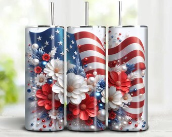 Floral 4th of July Tumbler Wrap: Patriotic American Flag (Digital PNG)