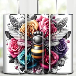 Bee and Roses Tumbler Wrap Design: Sublimation PNG (Digital Download)