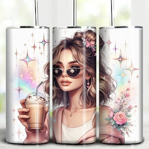 Aesthetic Girl with coffee mug and glasses Tumbler wrap design 20 oz Tumbler Design Sublimation Design Wrap Instant Digital Download PNG