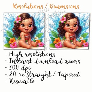 May include: A digital illustration of a cartoon Moana with brown hair and a flower crown, wearing a red and brown outfit, sitting on a beach with blue water and green plants. The image is high resolution and 300 dpi. It is available for instant download and is resizable.