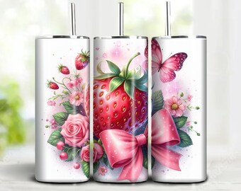 Strawberry Tumbler Wrap: Coquette Pink Bows, Roses (Digital Download)