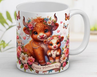 Mother Highland cow with baby Mother's day gift Mug Wrap 11oz and 15oz Mug Design Mug Sublimation Wrap Template Instant Digital Download PNG