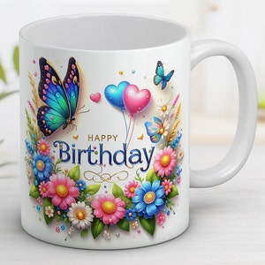 Feliz aniversário 3D com embrulho de caneca de flores 11 onças e 15 onças, presente de aniversário, sublimação de design de flores 3D, modelo de embrulho, download digital instantâneo