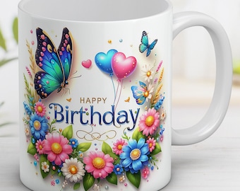 Floral Happy Birthday Mug Wrap: 3D Flower Design (Digital Download)