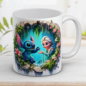 3D lustige Kinder Stitch und Elsa Becherverpackung 11 Unzen und 15 Unzen, 3D-Zeichentrickfigur png, Cartoon Sublimation, digitale Kunst, digitaler Download PNG