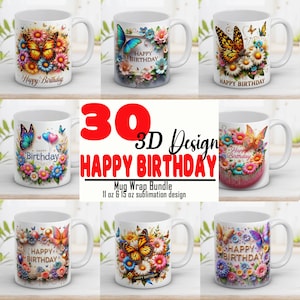3D alles Gute zum Geburtstag Becher-Verpackungs-Bundle 11 und 15 Unzen, Schmetterlinge und Perlen png, Design Sublimation, Tassen-Vorlage, Sofortiger digitaler Download PNG