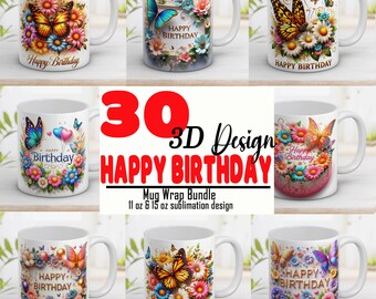 3D Happy Birthday Mug Wrap Bundle: Butterflies & Pearls (Digital Download)