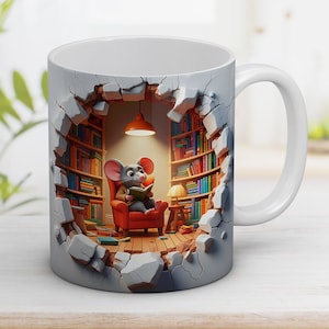 3D Mouse read book  Mug Wrap 11oz and 15o, 3D Hole in a wall, gift for a lover of reading, Coffee Mug, Sublimation Design, Instant Digital