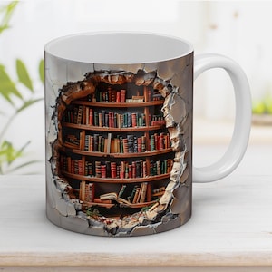 Envoltura de taza con forma de libro en 3D, estantería y libros en 3D, regalo para un amante de la lectura, taza de 11 oz y 15 oz, taza de café, diseño de sublimación PNG digital instantáneo