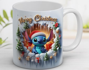 Diseño de sublimación para taza con diseño de Stitch navideño, plantilla para taza de 11 oz o 15 oz (descarga digital)