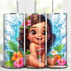 May include: A white tumbler featuring a cartoon image of a baby Moana with blue water splashes and tropical flowers. The tumbler comes with a straw.