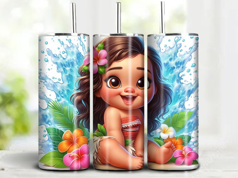 May include: A white tumbler featuring a cartoon image of a baby Moana with blue water splashes and tropical flowers. The tumbler comes with a straw.
