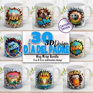 3D Día del padre Feliz Día Papá Mug Wrap Bundle 11 & 15 Oz 3D hole in a wall Happy Father's Day Design Sublimation  Instant Digital Download