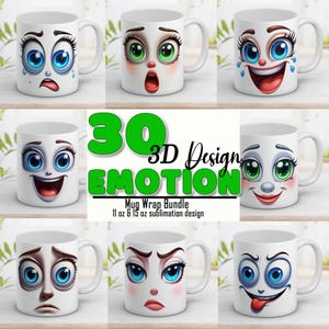 3D Emotion Mug Wrap Bundle 11 and 15 Oz, Cartoon characters, Design Sublimation, Mug Template, Instant Digital Download PNG