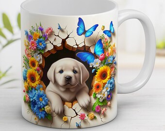Labrador Puppy Mug Wrap: Floral 3D Hole Design (Digital PNG)